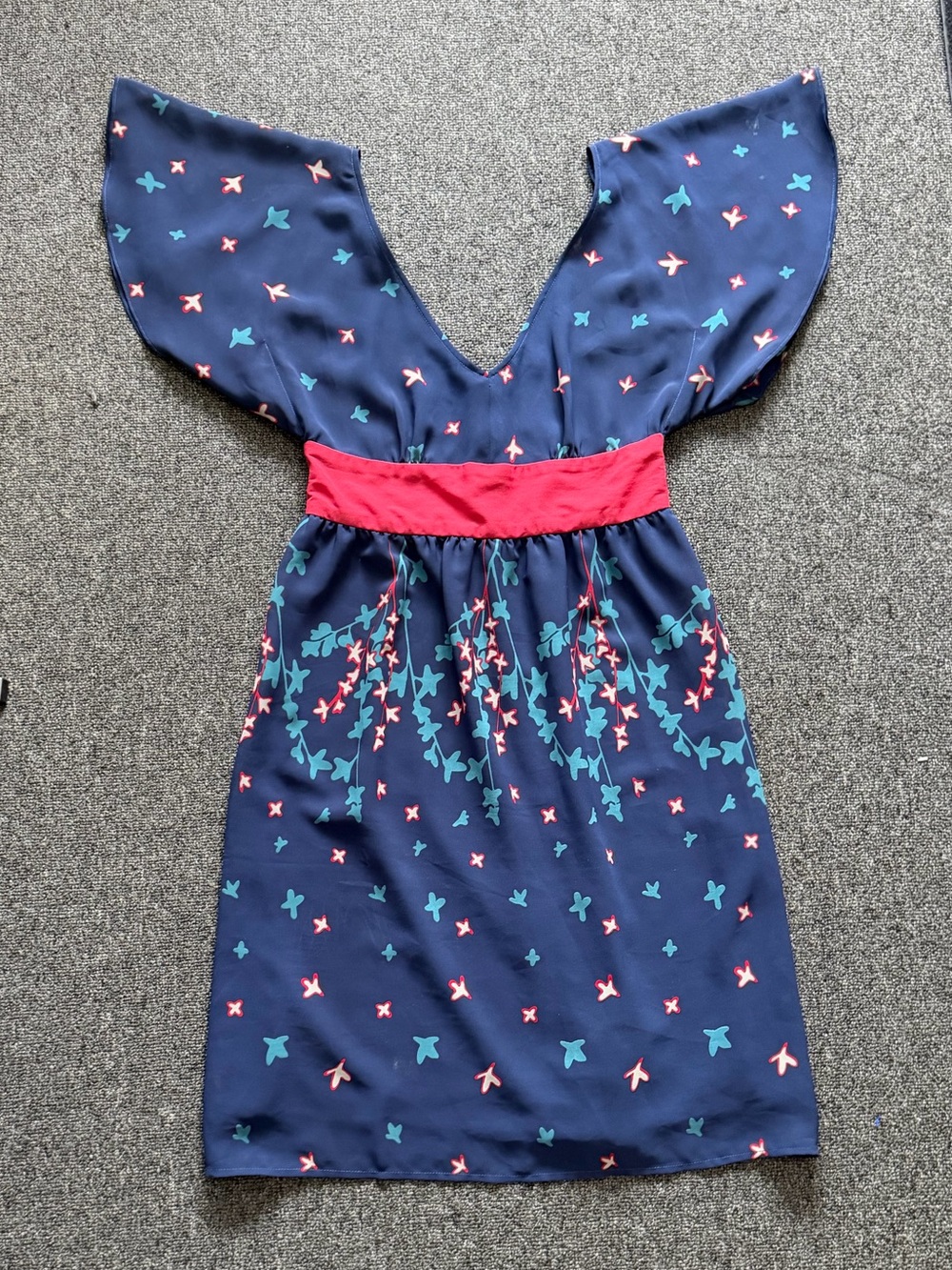 Fossil Navy Floral Mini Dress with Red Waistband